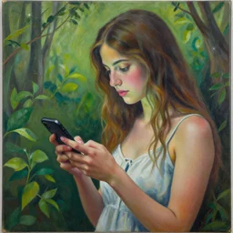 a nature goddess checking her cell phone by josephine wall, acrylic on canvas, intricately detailed