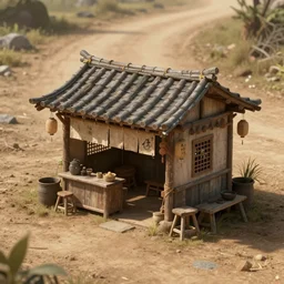 an concept art illustration, close up shot, a very small empty asian hut shack store alone in the middle of a dirt road, style by dylan cole and feng zhu and wlop, unreal engine, trending in artstation, octane render, ultra sharp, 8 k