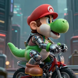 a rugged super mario riding yoshi with cybernetic enhancements lost in the city, scifi character portrait by greg rutkowski, esuthio, craig mullins, 1 / 4 headshot, cinematic lighting, dystopian scifi gear, gloomy, profile picture, mechanical, half robot, implants, dieselpunk