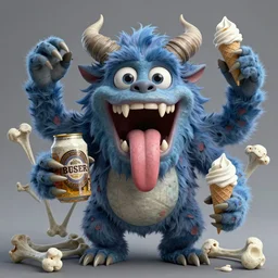 highly detailed, 3 d cartoon, intricate stunning image of animation monster with big tongue several hands, beer jar, ice cream, big eyes, fur blue colours talons hornshorns, bones in style of alfonson mucha, grey and white, pale, stunning atmosphere, animal and monster by h. r. giger and peter mohrbacher