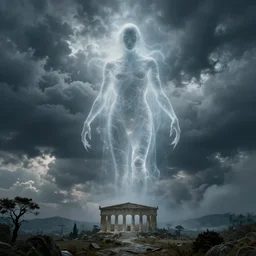 eerie, greek fantasy landscape, a giant translucent shining ghost creature in the stormy clouds, stanley kubrick movie frame, sharp focus, hyperrealistic
