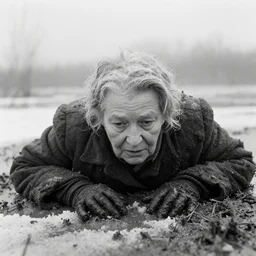 1 9 6 0 s movie still close - up of a frozen elder woman crawling in a swamp with snow, cinestill 8 0 0 t 3 5 mm black and white, heavy grain, high quality, high detail, mud, foggy, by andrei tarkovsky