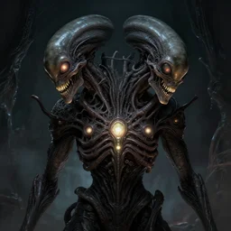symmetry!! portrait of grotesque alien, sci - fi horror, glowing lights!!, intricate, body horror, dark design, highly detailed, dark lighting, digital art, digital painting, artstation, smooth, sharp focus, illustration, art by artgerm and h r giger and greg rutkowski and alphonse mucha, 8 k