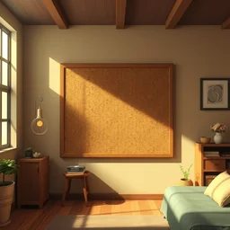 a wholesome animation key shot of a room with a big cork board in a wall, hipster vibes by studio ghibli, animation, sharp, rendered in unreal engine 5, focused, anime key art by greg rutkowski, bloom, dramatic lighting