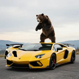 bear dancing on the roof of Lamborghini car