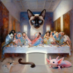 “ hyper realistic detailed painting of a burmese cat and black and white cat and axolotl by andrei tarkovsky, adrian ghenie, storm thorgerson, and beeple, semi naive, pastel colors, hilma af klint color palette, cinematic, very coherent symmetrical artwork, cinematic, hyper realism, high detail, 8 k, last supper composition. beksinski painting, part by adrian ghenie and greg hildebrandt. art by neo rauch. masterpiece ”