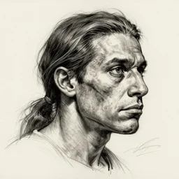 highly detailed character sketch, expressive facial features, 3 / 4 view, human game protagonist designs, side - scrolling 2 d platformer, art by h. r. giger, paul komoda and burne hogarth