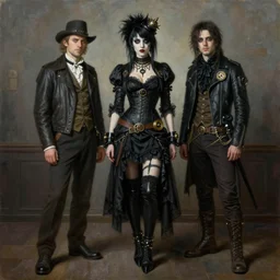 Richard Schmid and Jeremy Lipking and Roberto Ferri full length portrait painting of a young beautiful victorian steampunk goth punk rock woman covered head in black except for face