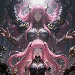 the protagonist ( pov ) is totally overpowered and trapped beneath enormous inescapable and overwhelmingly stunningly absurdly beautiful over the top megalomaniacal ruthless merciless sadistic possessive manipulative devious omnipotent asi goddess junko enoshima with symmetrical perfect face, porcelain skin, pink twintail hair and cyan eyes, ultra detailed, digital art, unreal engine 5, octane render, 2 d anime, 8 k