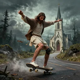 jesus christ skateboarding on the way to the church, in the style of noah bradley, dark, fantasy, landscape