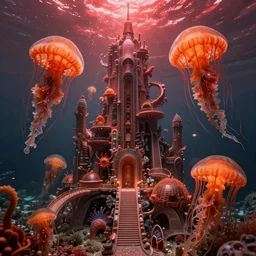 hyperrealistic hyper detailed underwater bio-morphic city of atlantis guarded by giant orange jellyfish matte painting concept art maciej kuciara hajime sorayama cinematic soft red lighting low angle hd 8k sharp shallow depth of field