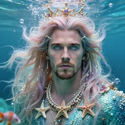 christian bale portrait, fantasy, mermaid, hyperrealistic, game character, underwater, highly detailed, sharp focus, cinematic lighting, pearls, glowing hair, shells, gills, crown, water, highlights, starfish, jewelry, realistic, digital art, pastel, magic, fiction, ocean, king, colorful hair, sparkly eyes, fish, heroic, god, waves, bubbles, king