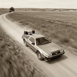 a birds - eye view sepia photograph of a delorean traveling the oregon trail,