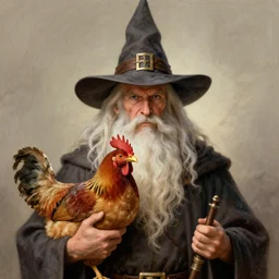 fantasy storybook illustration of a portrait of wizard with a long white beard and a wizard hat holding a pet chicken, dungeons and dragons, by Larry Elmore and John Howe and Alan Lee