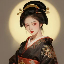 female geisha girl, beautiful face, intricate outfit, spotlight, by greg rutkowski, by jeremy mann, digital painting