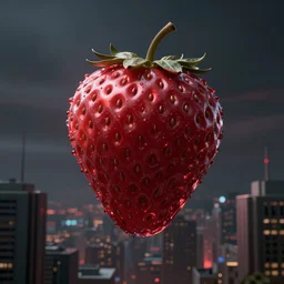 a giant strawberry metallic monster looming over the city skylines, realistic digital art, low depth of field, ominous, dark, trending on artstation
