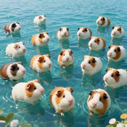 hyper realistic cute guineapigs everywhere are swimming under vast sea, by simon stalenhag, frank frazetta, greg rutkowski, beeple, yoko taro, christian macnevin, wlop and krenz cushart, epic fantasy character art, volumetric outdoor lighting, midday, high fantasy, cgsociety, cheerful colours, full length, exquisite detail, post - processing, masterpiece, cinematic