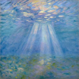 idyllic underwater scene with sunbeam shining through water, oil painting, Impressionism, in the style of Claude Monet, 4K, trending on ArtStation