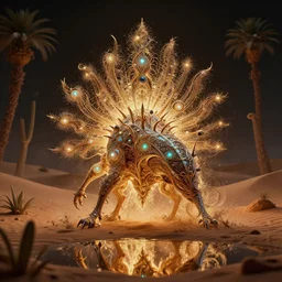 creature in a lush desert, water reflection, night, backlit, warm tones, bioluminescent : : by michal karcz, daniel merriam, victo ngai and guillermo del toro : : ornate, dynamic, particulate, intricate, elegant, highly detailed, centered, artstation, smooth, sharp focus, octane render, 3 d