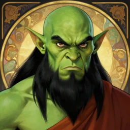 character portrait, green skin, angry, handsome d & d orc ; monk ; with black hair and black beard, beautiful eyes, alphonse mucha, rhads, ross tran, dungeons and dragons character art commission, artstation, artgerm, 8 k
