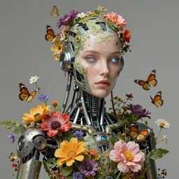 a beautiful intricate fine art portrait photo of a   a mechanical industrial cybernetic humanoid overgrown with colorful flowers, leaves and butterflies by anna dittmann and zach sutton, perfection!, eyes with catchlight, ex machina robot, golden ratio composition,  studio lighting, 50mm lens, bionic, cybernetic scifi, deep depth of field, artstation, 8K, highly coherent