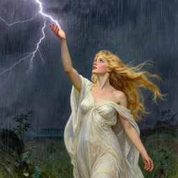 a demigoddess with blond hair standing in a rainstorm raising her hand to summon a streak of lightning from the sky. Detailed masterpiece. Drawn by Norman Rockwell and Alphonse Mucha. Trending on artstation.