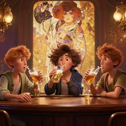 pixar charakters getting drunk in a bar. realistic, octane render, trending on artstation in the style of mucha
