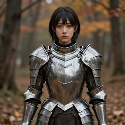 a masterpiece hyperrealistic ultradetailed fullbody photograph of a lifelike real human anime girl wearing steel plate armor, autumn forest background, made by wlop, trending on artstation, sad, human face, k - pop, rough skin pores texture, photoreal image, desaturated, 3 d rendered, unreal engine 5, extremely detailed, sharp focus, 4 k