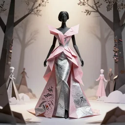 sculpture of a beautiful young female super model resembling raven made out of origami paper and black ceramic wearing a pink tissue paper and silver geometric gown by marc jacobs, paper graffiti, trees made out of origami, ethereal, fantasy, lawrence alma tadema, james jean, oozium, peter morbacher, angelarium, alchemy, luxury, heavenly light, soft illumination, cinematic lighting, very detailed, 3 d octane render, artgerm, trending on artstation, cgi society