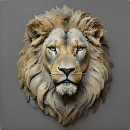 a perfectly centered symmetrical portrait of a biomechanical lion, conceptual sculpture, intricate detail, volumetric shadows and lighting, realistic oil painting by alex grey,