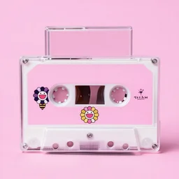 a music cassette with a pink monochrome background by takashi murakami,, beeple and james jean, aya takano color style, 4 k, super detailed, digital art, digital painting, celestial, majestic, colorful