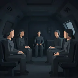 all - female crew in a minimalistic, dark ( spaceship ), by jon foster, low poly.