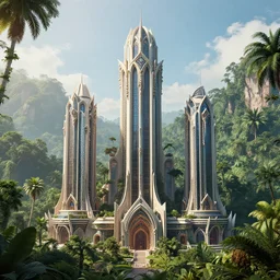 futuristic solarpunk skyscrapers with detailed gothic styled decorations, surrounded by the amazon jungle, hd, 8 k, octane render, christophe vacher