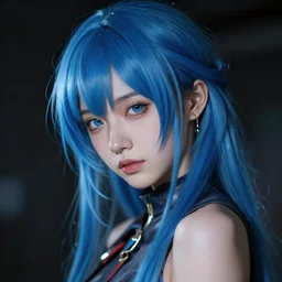 portrait of a blue haired cyberpunk anime girl shyly looking at camera, style by Kuvshinov,