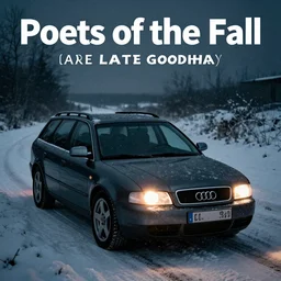 Audi A4 B6 Avant (2002), a gritty neo-noir, dramatic bright lighting, cinematic, establishing shot, extremely high detail, photorealistic, cinematic lighting, artstation, by simon stalenhag, Snowy ukrainian road, At night, Poets of the Fall - Late Goodbye