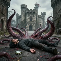 the street in front of the castle surrounded by tentacles, a body in a hoodie lies on the street, an empty flask lies nearby, tentacles burst out of the body, peter mohrbacher style, ray tracing, octane render, cinematic, digital art, realistic, high quality, 8 k