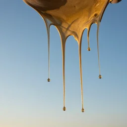 beautiful photograph of drips of paint falling in a blue sunny sky, photorealistic, golden hour, 8 k