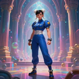 long Shot of psychedelic Chun-Li standing in mysterious chromatic astral temple  , stylish, lsd, soft,  trending on artstation, cinematic, artwork by WLOP