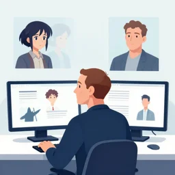 mark zuckerburg sitting in front of two computer screens, clean cel shaded vector art. shutterstock. behance hd by lois van baarle, artgerm, helen huang, by makoto shinkai and ilya kuvshinov, rossdraws, illustration,