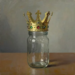 a painting of crown on top of a glass jar on a table by Grant Wood