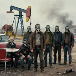 waiting in line for crude oil by simon stalenhag and gil elvgren and tom bagshaw and marc simonetti and jan miense molenaer and arthur adams, surrealism, slums, diner scene, highly detailed, hyperrealism, smog, gas masks, blended palette
