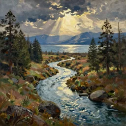A View of the Truckee River Near Lake Tahoe, art by Anton Fadeev and Thomas Cole, oil on canvas