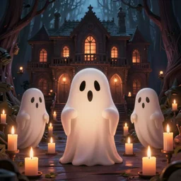 candle lights flicker where the air is deathly still inside the haunted house!! 🏚!!!! where ghost hosts!!!!!!!!!! welcome new victims / residents by marc davis, art deco art nouveau gothic art oil on canvas flickering light
