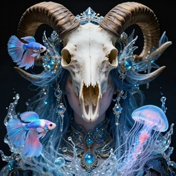 goddess macro close - up portrait in crown made of ram skull. betta fish, jellyfish phoenix, bioluminiscent, plasma, ice, water, wind, creature, super intricate ornaments artwork by tooth wu and wlop and beeple and greg rutkowski