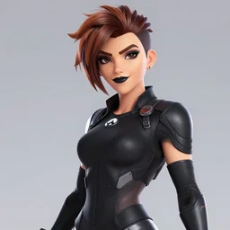 digital artwork of tracer from overwatch wearing a black outfit, black lipstick and black eye makeup, 4 k, highly detailed artwork