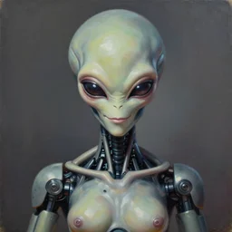 a perfectly centered portrait of an alien biomechanical robot buddha, female, intense stare, sarcastic smile, volumetric lighting, volumetric shadows, highly detailed, realistic oil painting by tim hilderbrandt,