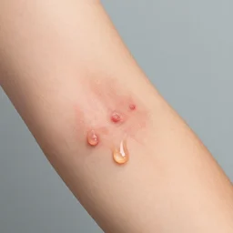 a picture with flash of an arm with swollen pimples leaking liquids.