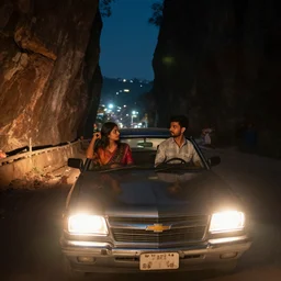 a couple are in a chevrolet impala at kamakhya temple, guwahati city ; headlights of a car shine on a strange canyon road, she looks at him with a strange look in her eyes, it's the dead of night, in a distance the lights of a city light the night's sky