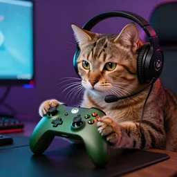 cat playing xbox, photo, stock photography, gamer cat, controller, headset, highly detailed