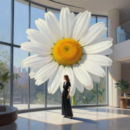 massive daisy flower head, woman standing next to modern window in luxury loft, surreal photography, sunlight, impressionist painting, digital painting, artstation, simon stalenhag